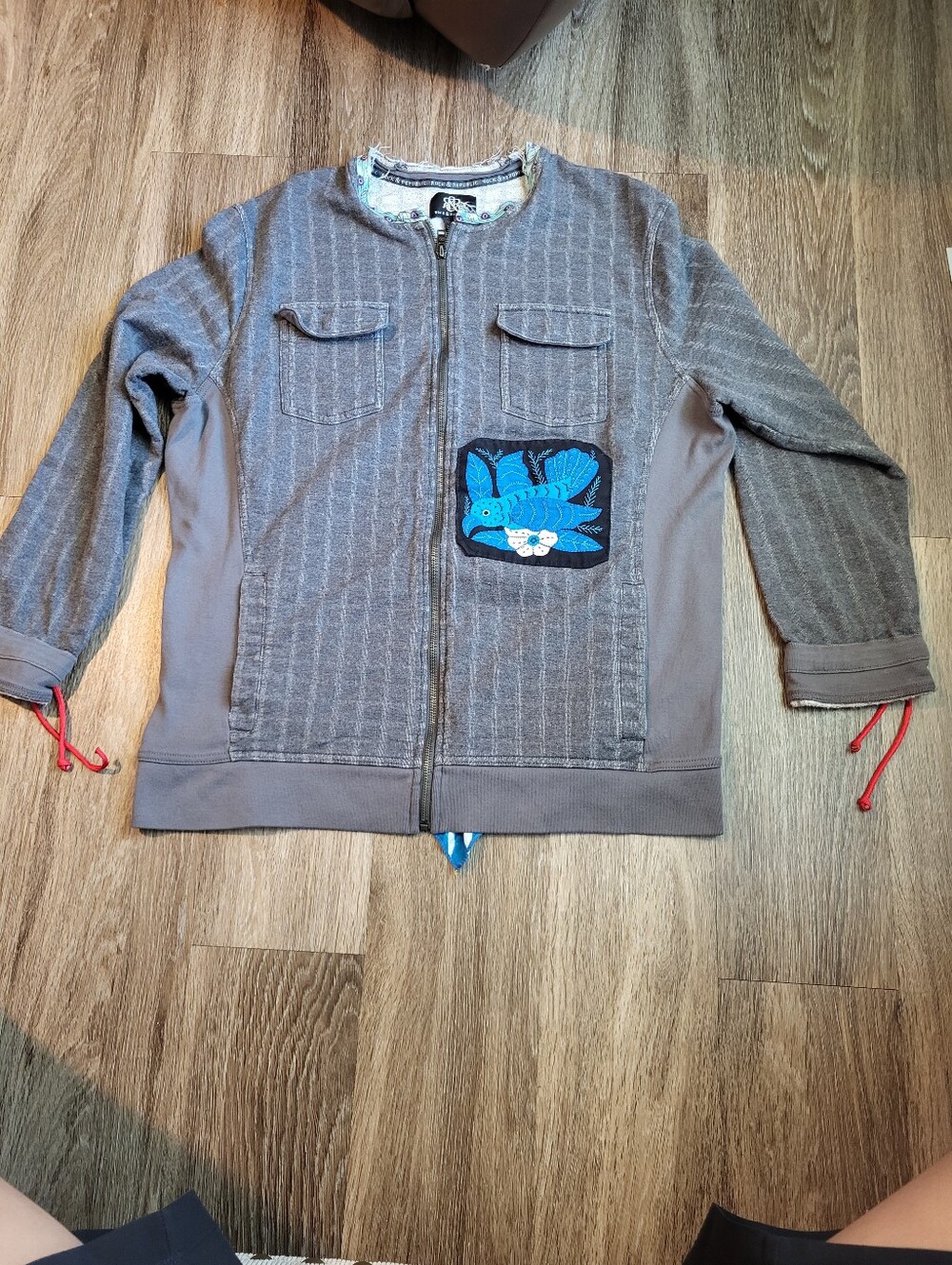 Rock & Republic Gray Zip Front Jacket with Blue Bird Patch